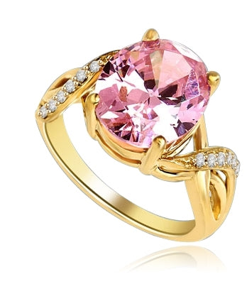 Diamond Essence Designer Ring with 5.0 Cts. Pink Oval in center, accompanied by melee on band, 5.65 Cts.T.W. set in 14K Solid Yellow Gold.