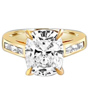 4CT Radiant Emerald Essence Tapered brilliantly to sparkle even more, and the band is further enhanced by 3 Baguettes Stones artistically channel set. 5 Cts. T.W. In 14k Solid Yellow Gold.