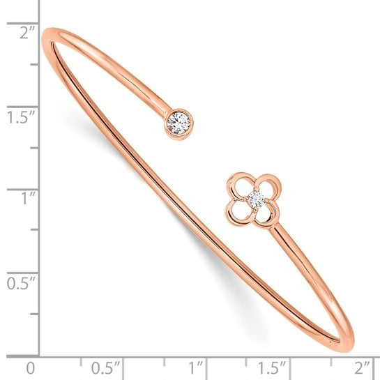 14K rose gold flexible cuff bangle with diamond essence lab grown round diamond in bezel and prong setting