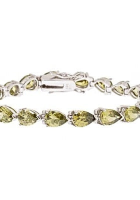 A beautiful bracelet, showing off 21 pear shape Diamond Essence Peridot stones, 0.75 ct. each, set in Platinum Plated Sterling Silver. 15.75 cts.t.w.