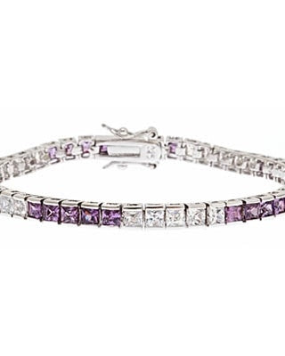Diamond Essence tennis bracelet, 0.20 carat each, princess cut Amethyst and Diamond Essence stones set in alternate group of 5 stones. 10.4 cts.t.w. set in Platinum Plated Sterling Silver.