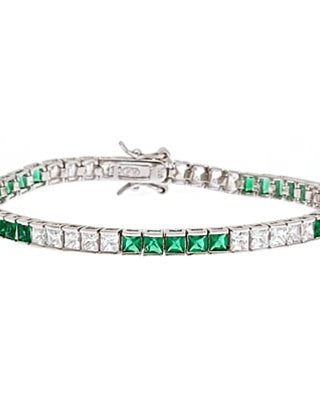 Diamond Essence and Emerald Essence princess cut tennis bracelet, each stone of 0.20 ct. set in alternate group of 5 stones. 10.4 cts.t.w. in Platinum Plated Sterling Silver.