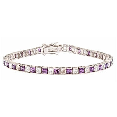Diamond Essence and Amethyst Essence princess cut tennis bracelet, each stone of 0.20 ct. in alternate setting in Platinum Plated Sterling Silver. 10.4 cts.t.w.