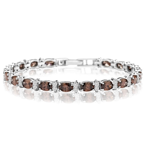 Diamond Essence Designer Bracelet With Oval chocolate And Round Brilliant Stones, 12.50 Cts.T.W. In Platinum Plated Sterling Silver.