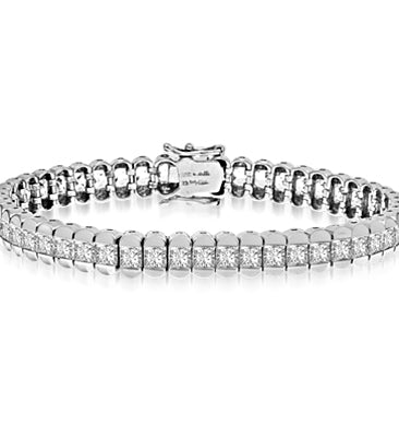 Platinum Plated Sterling Silver bracelet, 7" long, encompasses Diamond Essence Princess cut stones. 7.0 cts.t.w.
