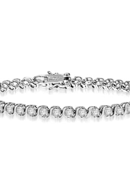 Platinum Plated Sterling Silver bracelet. Round brilliant stones set in prongs and 'S' bars setting. Appx. 6.0 cts.t.w. A perfect tennis bracelet for party or casual wear.
