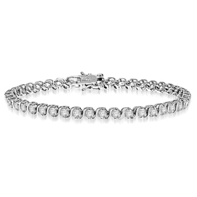 Platinum Plated Sterling Silver bracelet. Round brilliant stones set in prongs and 'S' bars setting. Appx. 6.0 cts.t.w. A perfect tennis bracelet for party or casual wear.