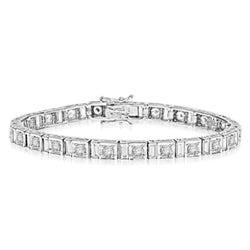 7" long stunning design bracelet with Diamond essence emerald cut baguettes and round brilliant Diamond Essence masterpieces set in ethnic setting of Platinum Plated Sterling Silver. Appx. 9.0 cts.t.w.