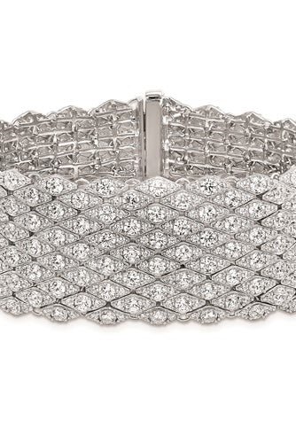 Designer Mesh Bracelet With Diamond Essence Round Brilliant And Melee In Platinum Plated Sterling Silver.