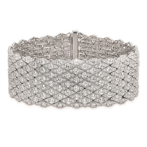 Designer Mesh Bracelet With Diamond Essence Round Brilliant And Melee In Platinum Plated Sterling Silver.