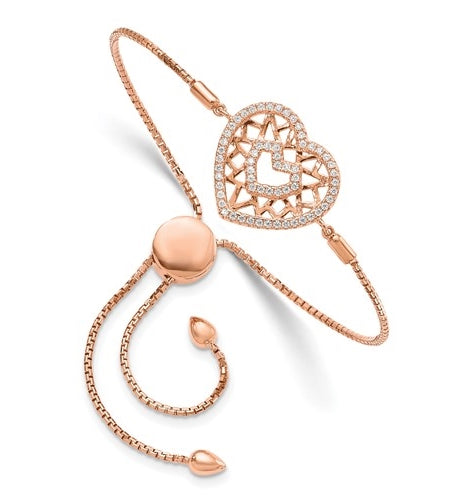 An alluring pave-set adjustable bracelet for women with simulated round brilliant Diamonds by Diamond Essence set in rose plated sterling silver. 0.60 Cts.t.w.