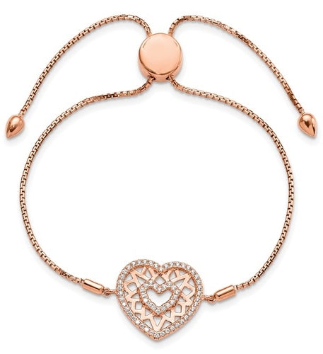 An alluring pave-set adjustable bracelet for women with simulated round brilliant Diamonds by Diamond Essence set in rose plated sterling silver. 0.60 Cts.t.w.