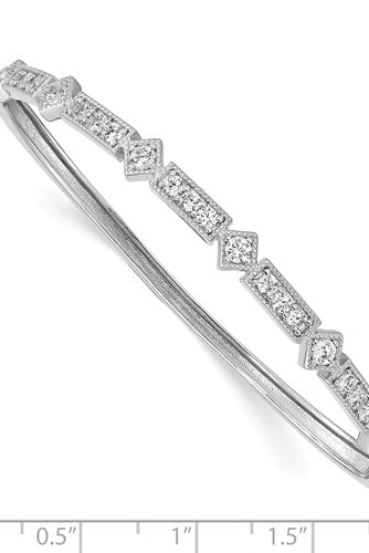 A prong set hinged bangle bracelet for women with lab-made 25 round brilliant diamonds by Diamond Essence set in platinum plated sterling silver