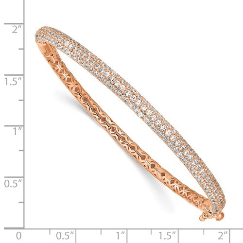 A timeless pave set hinged bangle bracelet for women with lab-made 175 round brilliant melee by Diamond Essence set in rose plated sterling silver.