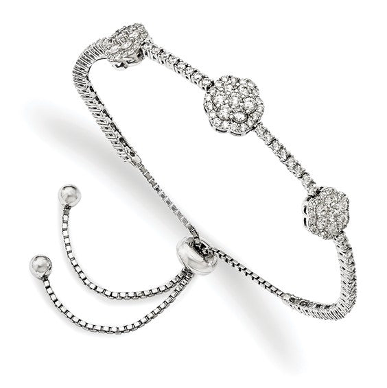 A majestic looking designer adjustable bracelet in a prong setting with artificial round brilliant diamonds by Diamond Essence set in platinum plated sterling silver. Total 133 stones.
