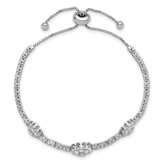 A majestic looking designer adjustable bracelet in a prong setting with artificial round brilliant diamonds by Diamond Essence set in platinum plated sterling silver. Total 133 stones.