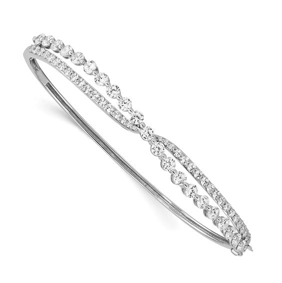 Beautiful designer hinged bracelet for ladies, in the criss-cross setting of round brilliant Diamond Essence stones, 2.75 cts.t.w. in platinum plated sterling silver. It will be highly noticed on your wrist for its beautiful shine and craftmanship.