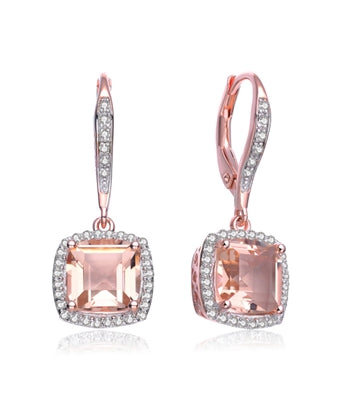 Diamond Essence Drop Lever Back Earrings With Cushion Cut Morganite Escorted By Melee And Melee On The Bail Enhance the Beauty, 5 Cts.T.W. In Rose Plating Over Sterling Silver.