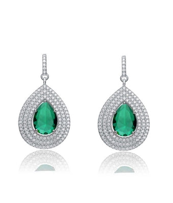 Diamond Essence Designer Earrings With Emerald Essence Pear Center Surrounded By 3 Rows Of Melee In Steps And Melee On The Bail Enhance The Look, 4 Cts.T.W. In Platinum Plated Sterling Silver.