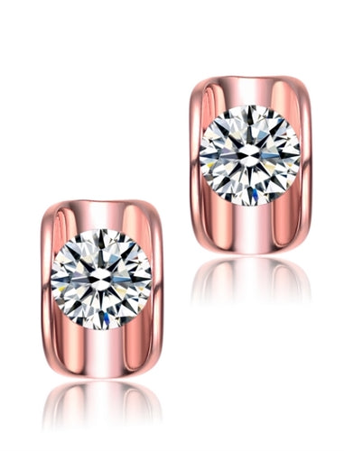 Diamond Essence 1.50 Cts. each, Round Brilliant Stone Set in Rose Plated Sterling Silver, Artistically Curved Tension Setting, 3.0 Cts. T.W.