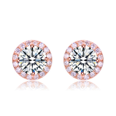 Diamond Essence Stud Earrings With 2 Cts. Round Brilliant Center Surrounded By Melee,4.50Cts.T.W. In Rose Plated Sterling Silver.