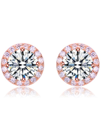 Diamond Essence Stud Earrings With 2 Cts. Round Brilliant Center Surrounded By Melee,4.50Cts.T.W. In Rose Plated Sterling Silver.