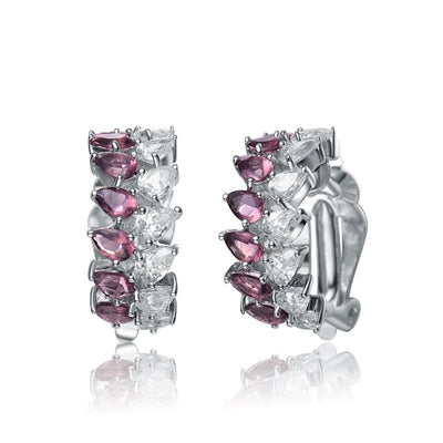 Prong Set Half Hoop Earrings with Artificial Pear Cut Amethyst and Brilliant Diamonds by Diamond Essence set in Sterling Sivler