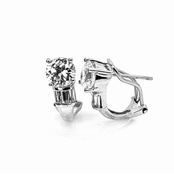 Round cut omega clip back Earrings. 2.60 Cts. T.W. set in Platinum Plated Sterling Silver.