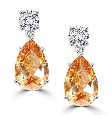 Prong Set Tear Drop Earrings with Simulated Pear Cut Champagne and Round Brilliant Diamond by Diamond Essence set in Sterling Silver