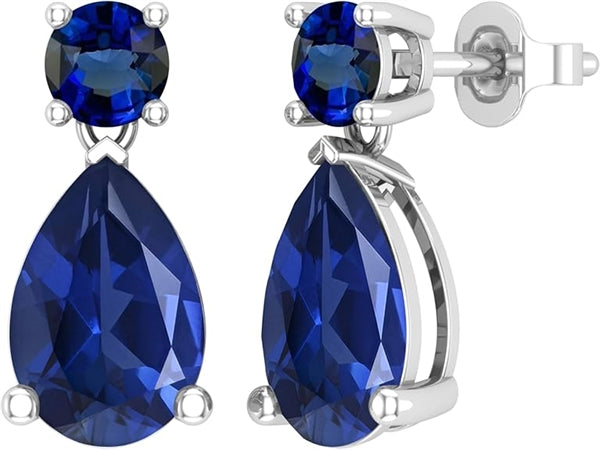 Tear Drop Earrings, 5.0 cts.each Sapphire essence dropping off from 1 ct. each Sapphire Essence stud set in Platinum Plated Sterling silver prong setting. 12.0 cts.t.w..