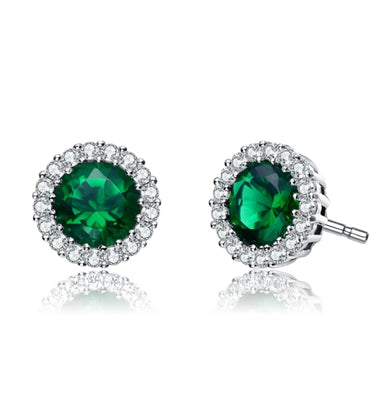 Diamond Essence Halo Setting Platinum Plated Sterling Silver Earrings, with 1 Ct. each Emerald Essence surrounded by Brilliant Melee, 2.25 Cts.T.W.