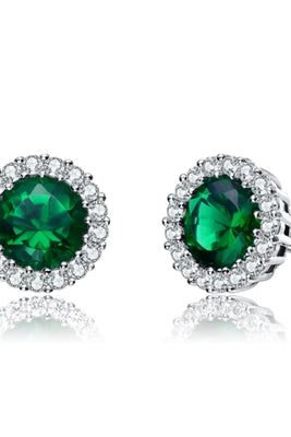 Diamond Essence Halo Setting Platinum Plated Sterling Silver Earrings, with 1 Ct. each Emerald Essence surrounded by Brilliant Melee, 2.25 Cts.T.W.