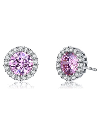 Diamond Essence Halo Setting Platinum Plated Sterling Silver Earrings, with 1 Ct. each Pink Essence surrounded by Brilliant Melee, 2.25 Cts.T.W.