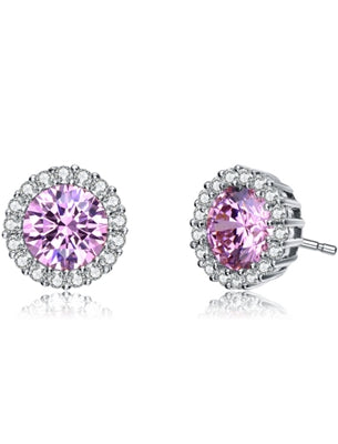Diamond Essence Halo Setting Platinum Plated Sterling Silver Earrings, with 1 Ct. each Pink Essence surrounded by Brilliant Melee, 2.25 Cts.T.W.