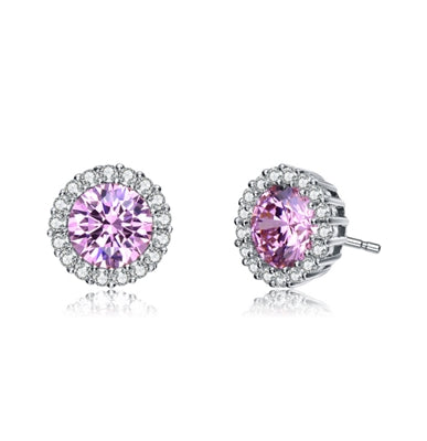 Diamond Essence Halo Setting Platinum Plated Sterling Silver Earrings, with 1 Ct. each Pink Essence surrounded by Brilliant Melee, 2.25 Cts.T.W.