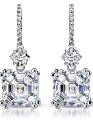 Diamond Essence Drop Earrings With Asscher Cut Stone,7 Cts.T.W. in Platinum Plated Sterling Silver.