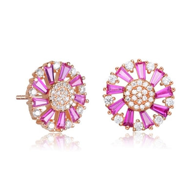 Diamond Essence Designer Stud Earrings With Ruby Baguettes and Melee, 2.10 Cts.T.W in Rose Plated Sterling Silver.
13mm W x13mm L