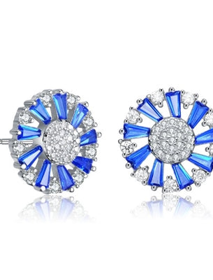 Diamond Essence Designer Stud Earrings With Sapphire Baguettes and Melee, 2.10 Cts.T.W in Platinum Plated Sterling Silver.
13mm W x13mm L