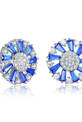 Diamond Essence Designer Stud Earrings With Sapphire Baguettes and Melee, 2.10 Cts.T.W in Platinum Plated Sterling Silver.
13mm W x13mm L