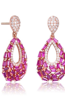 Diamond Essence Pear Drop Earring With Ruby Baguettes And Round Melee, 2.5 Cts.T.W. in Rose Plated Sterling Silver.
29mm L x 14mm W