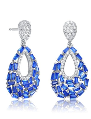 Diamond Essence Pear Drop Earring With Sapphire Baguettes And Round Melee, 2.5 Cts.T.W. in Platinum Plated Sterling Silver.
29mm L x 14mm W