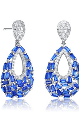 Diamond Essence Pear Drop Earring With Sapphire Baguettes And Round Melee, 2.5 Cts.T.W. in Platinum Plated Sterling Silver.
29mm L x 14mm W