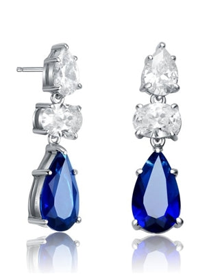 Diamond Essence Designer Drop Earring With Pear Essence on the top and Oval Essence and Sapphire Pear Essence Stones in Dangle setting , 8.0 Cts.T.W. in Platinum Plated Sterling Silver Earring. 7mm W x 17.5mm L