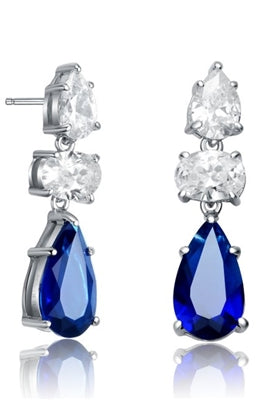 Diamond Essence Designer Drop Earring With Pear Essence on the top and Oval Essence and Sapphire Pear Essence Stones in Dangle setting , 8.0 Cts.T.W. in Platinum Plated Sterling Silver Earring. 7mm W x 17.5mm L