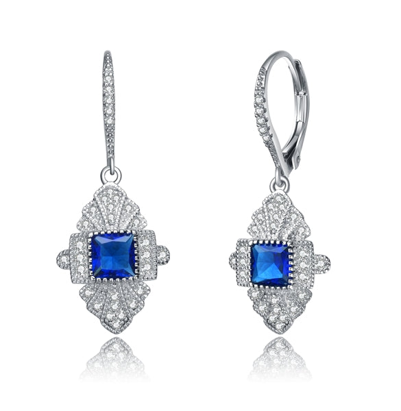Diamond Essence leverback earrings, 0.50 carat each, sapphire princess cut stone surrounded by melee and melee on leverback also for additional sparkle. 1.20 cts. t.w. in Platinum Plated Sterling Silver.