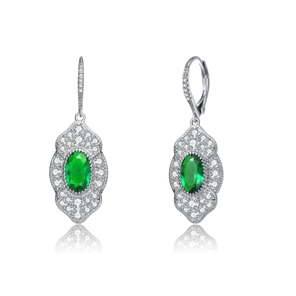 Diamond Essence leverback earrings, 3 carat each, emerald oval cut stone surrounded by melee. 5.0 cts. t.w. in Platinum Plated Sterling Silver.