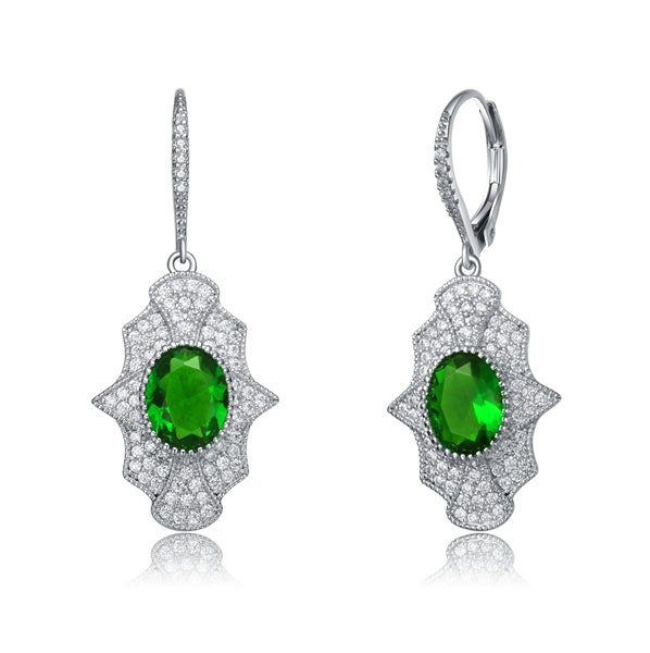 Diamond Essence leverback earrings, 2 carat each, emerald oval cut stone surrounded by melee. 4.5 cts. t.w. in Platinum Plated Sterling Silver.