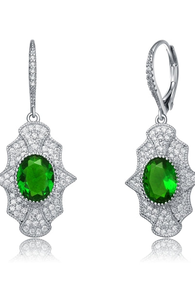 Diamond Essence leverback earrings, 2 carat each, emerald oval cut stone surrounded by melee. 4.5 cts. t.w. in Platinum Plated Sterling Silver.