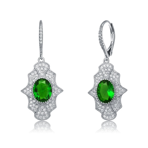 Diamond Essence leverback earrings, 2 carat each, emerald oval cut stone surrounded by melee. 4.5 cts. t.w. in Platinum Plated Sterling Silver.
