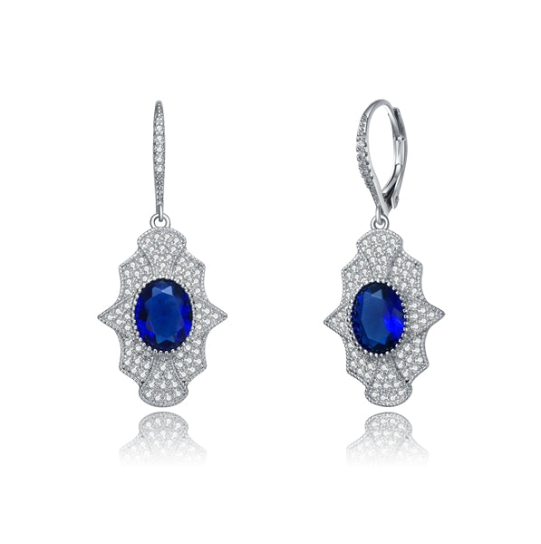 Diamond Essence leverback earrings, 2 carat each, sapphire oval cut stone surrounded by melee. 4.5 cts. t.w. in Platinum Plated Sterling Silver.
